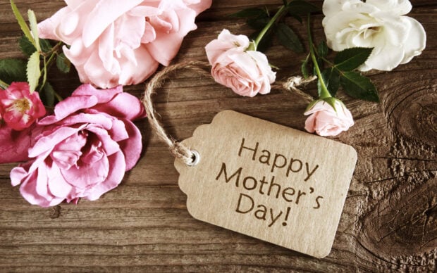 Pink and white roses lay scattered on a rustic wooden surface next to a brown tag