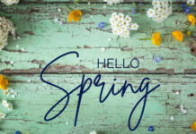 Distressed green wooden planks feature blue script text, bordered by scattered white and yellow blossoms