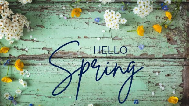 Distressed green wooden planks feature blue script text, bordered by scattered white and yellow blossoms
