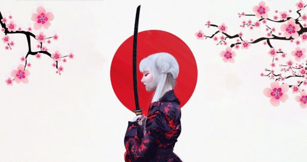Stylized warrior woman holds a katana vertically in profile against a white background with a red sun disc and pink cherry blossoms