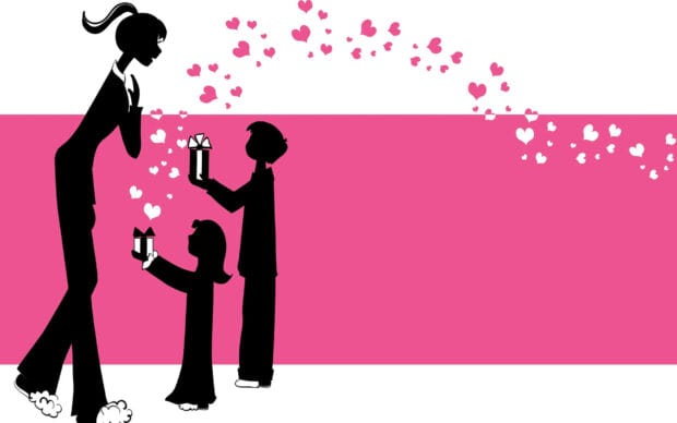 Silhouette mother receives gifts from two children, surrounded by floating hearts on a split pink and white background