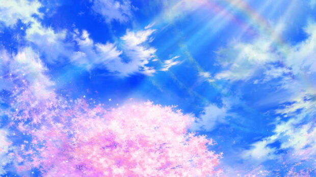 Cherry blossoms burst with pink, vibrant blue sky glows, streaked with fluffy white clouds and a faint rainbow