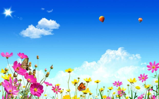 Spring computer wallpaper hd desktop colorful flowers and butterflies in a spring garden with clear sky and hot air balloons in the distance