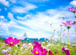 Spring laptop wallpaper hd laptop pink flowers blooming in spring under a bright blue sky with white clouds