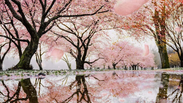 Spring rain wallpaper desktop cherry blossom trees reflect on rainwater during spring rain