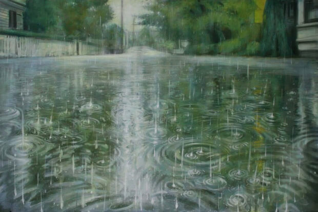 Spring rain wallpaper hd desktop spring rain creating ripples on a quiet street with lush green trees in spring