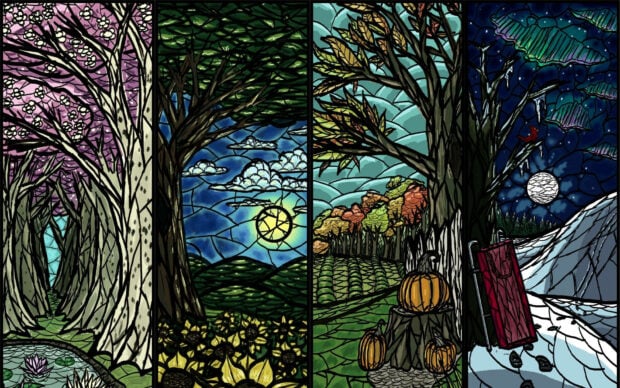 An illustrated stained-glass artwork depicts four distinct seasons, transitioning from blooming trees to snowy landscapes
