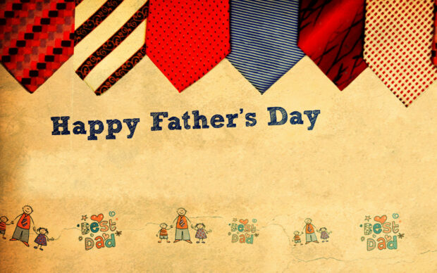 Colorful neckties hang above 'Happy Father's Day' text, while cartoon dads and children illustrate 'Best Dad' messages on a textured background