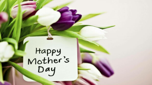 Fresh tulips cluster, purple and white petals unfurl, a small tag conveys a loving sentiment