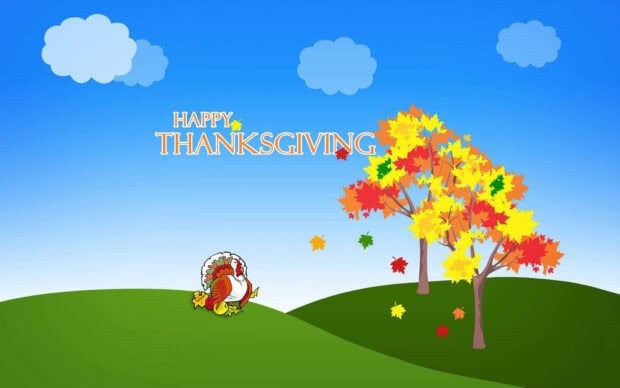 Cartoon turkey stands on a green hill as autumn leaves fall from vibrant trees under a clear blue sky