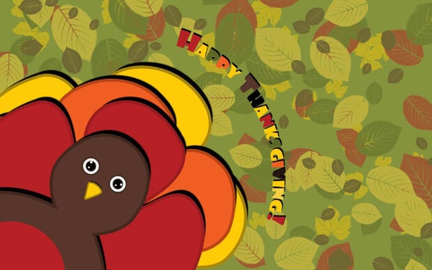 A colorful, stylized cartoon turkey peeks from the corner against a textured background of autumn leaves and text
