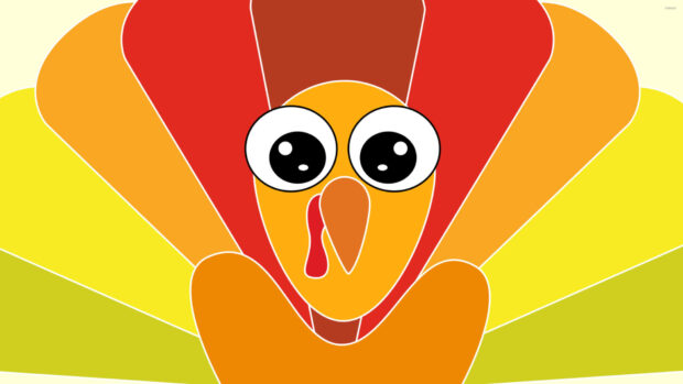 Cartoon turkey stares forward, displaying wide eyes and vibrant plumage