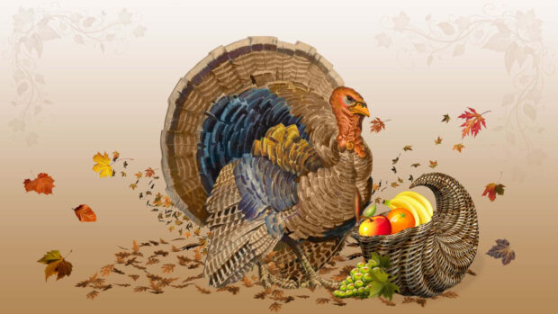 A majestic turkey stands beside a brimming cornucopia with scattered autumn leaves on a warm gradient background