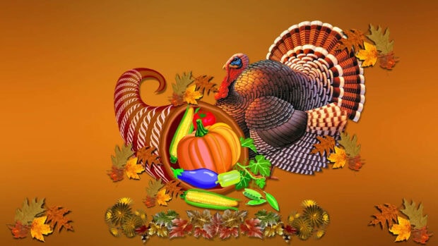 A majestic turkey stands beside a brimming cornucopia, overflowing with colorful squash, corn, and autumn leaves, symbolizing plentiful harvest