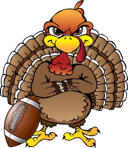 Cartoon turkey character stands with arms crossed, clutching a brown football, displaying a confident expression