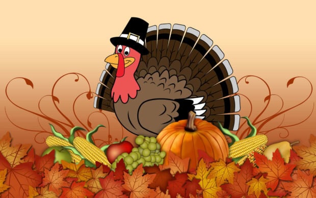A cheerful cartoon turkey wears a pilgrim hat, standing amidst vibrant autumn leaves, pumpkins, corn, and grapes, celebrating the harvest season