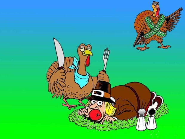 Cartoon turkey brandishes a knife and fork over a prone pilgrim, while another turkey stands observing the scene with salt and pepper shakers nearby