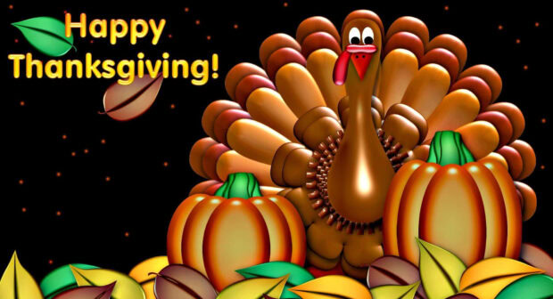 A cheerful cartoon turkey and large orange pumpkins are surrounded by colorful autumn leaves, with 