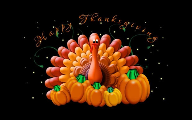 A stylized cartoon turkey and several orange pumpkins sit together on a dark background adorned with small stars and 