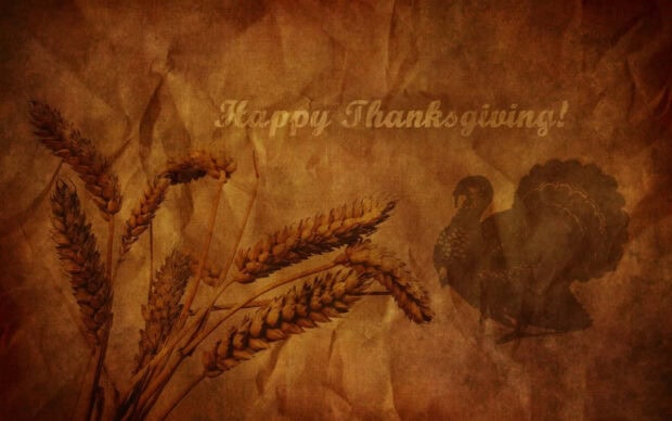 Vintage-style background displays a turkey silhouette and wheat stalks on crumpled parchment with celebratory text