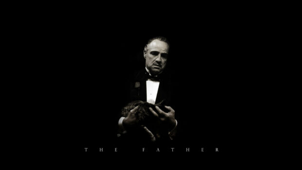 Marlon Brando portraying Vito Corleone sits in shadow, holding a cat and conveying quiet authority on a minimal black background
