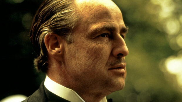 Vito Corleone looks pondering in a close-up profile, wearing a formal suit