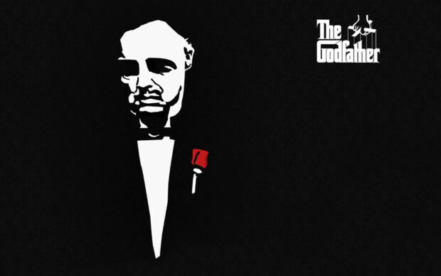 A stylized figure, depicting Vito Corleone, emerges as a white silhouette in a tuxedo against a stark black backdrop, featuring a bold red rose on its lapel