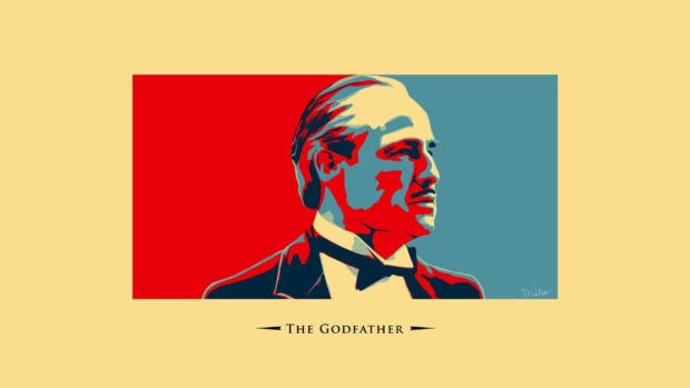A stylized portrait of Vito Corleone, rendered in a distinctive red, blue, and yellow 'Hope' poster aesthetic, offering a vibrant Full HD view