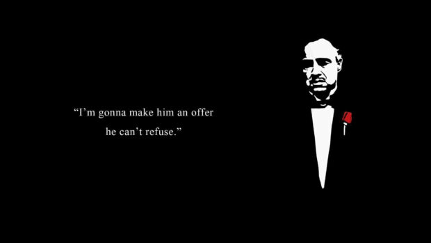 Vito Corleone stands in a tuxedo beside the famous quote, 