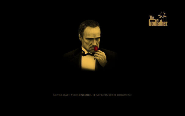 Vito Corleone, portrayed in a refined illustration, holds a red rose while a strategic quote on judgment rests below him on a dark canvas
