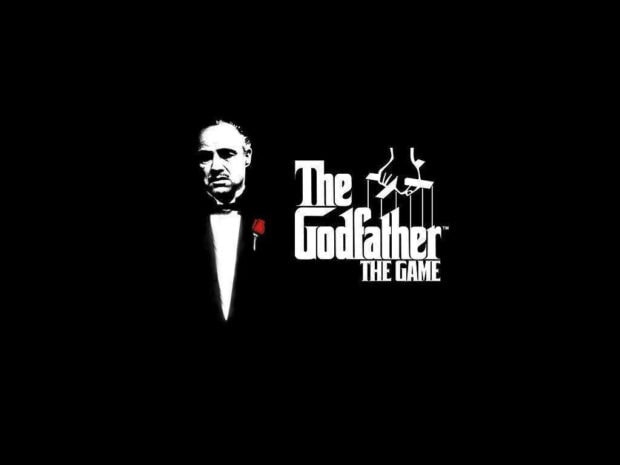 Vito Corleone, wearing a tuxedo with a red rose, stands front-facing as a stylized white figure on a black canvas