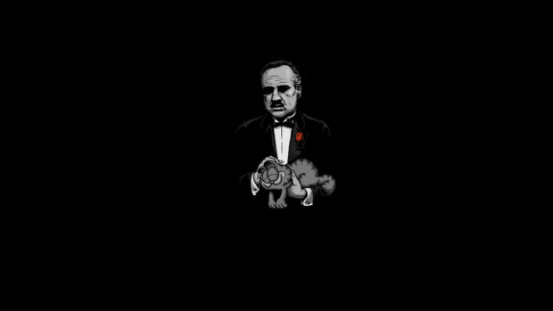 Stylized crime boss figure holds a cartoon orange cat against a deep black background, appearing in high definition