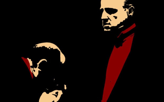 Two figures stand and bow in a stark, dramatic illustration using limited beige and red hues against a black background