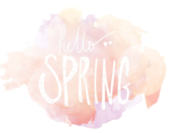 White text 'hello SPRING' rests on a gentle watercolor wash of soft peach and lavender hues