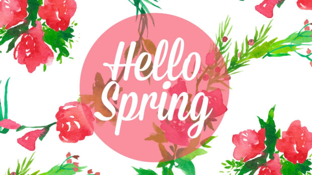 Pink circle displays white text surrounded by vibrant watercolor red flowers and green foliage on a white background