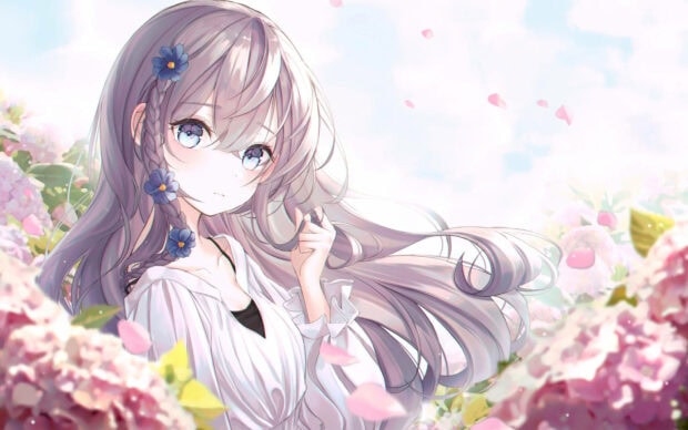 Young girl looks gently to the side, her pastel hair adorned with blue flowers, encircled by soft pink and purple blooms