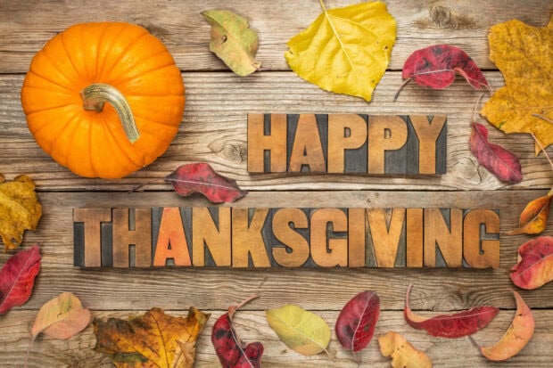 A ripe orange pumpkin rests beside wooden letter blocks spelling a festive greeting, surrounded by colorful autumn leaves on a rustic wood surface