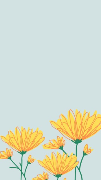 Yellow outlined blossoms bloom upwards against a soft blue background