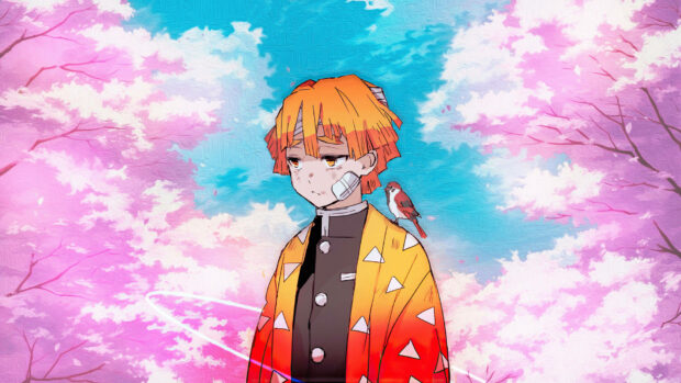 Anime character Zenitsu Agatsuma stands with a small bird perched on his shoulder, his face showing a pensive expression with bandaged wounds amidst vibrant blooming pink cherry trees under a soft blue sky