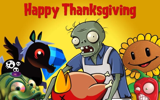 A cartoon zombie wearing an apron presents a cooked turkey while various game characters gather around on a vibrant yellow background