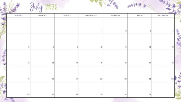 A clean 2026 July Calendar Desktop Background featuring a minimalist design with soft purple lavender accents