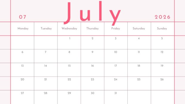 A clean 2026 July Calendar Desktop Background with pink lines and text on a minimalist white design