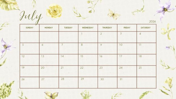A beautiful 2026 July Calendar Desktop Background featuring a botanical watercolor design with soft green and yellow flowers