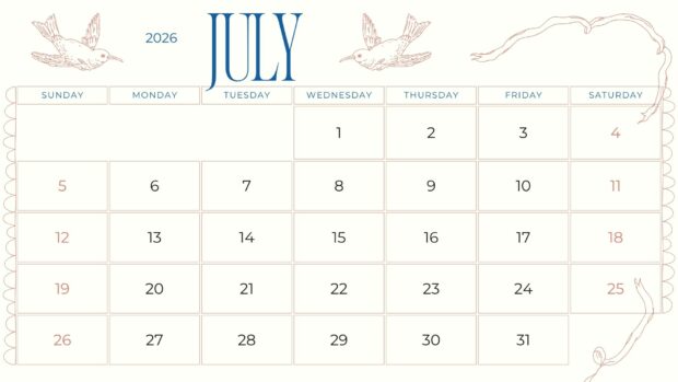 A vintage-inspired 2026 July Calendar Desktop Background featuring stylized birds and decorative swirls on a light background