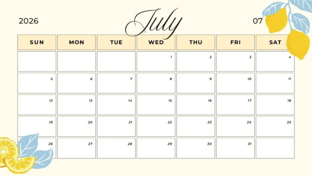 A cheerful 2026 July Calendar Desktop Background with a fresh lemon theme and light blue leaves in the corners