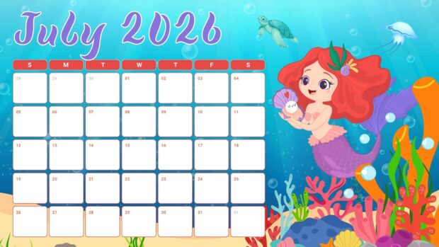 A playful 2026 July Calendar Desktop Background featuring a mermaid and an underwater scene with coral and sea creatures