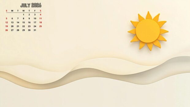 A minimalist 2026 July Calendar Desktop Background with a bright yellow sun on a soft beige wavy backdrop