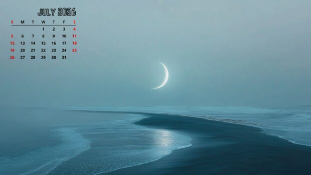 A serene 2026 July Calendar Desktop Background featuring a misty blue beach scene with a glowing crescent moon
