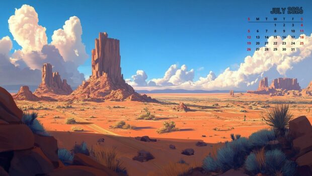 A vibrant 2026 July Calendar Desktop Background showcasing a stylized desert landscape with towering rock formations and a clear sky
