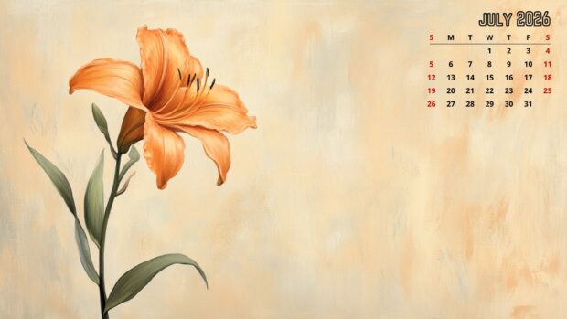 An elegant 2026 July Calendar Desktop Background featuring a beautiful orange lily flower on a soft painterly backdrop